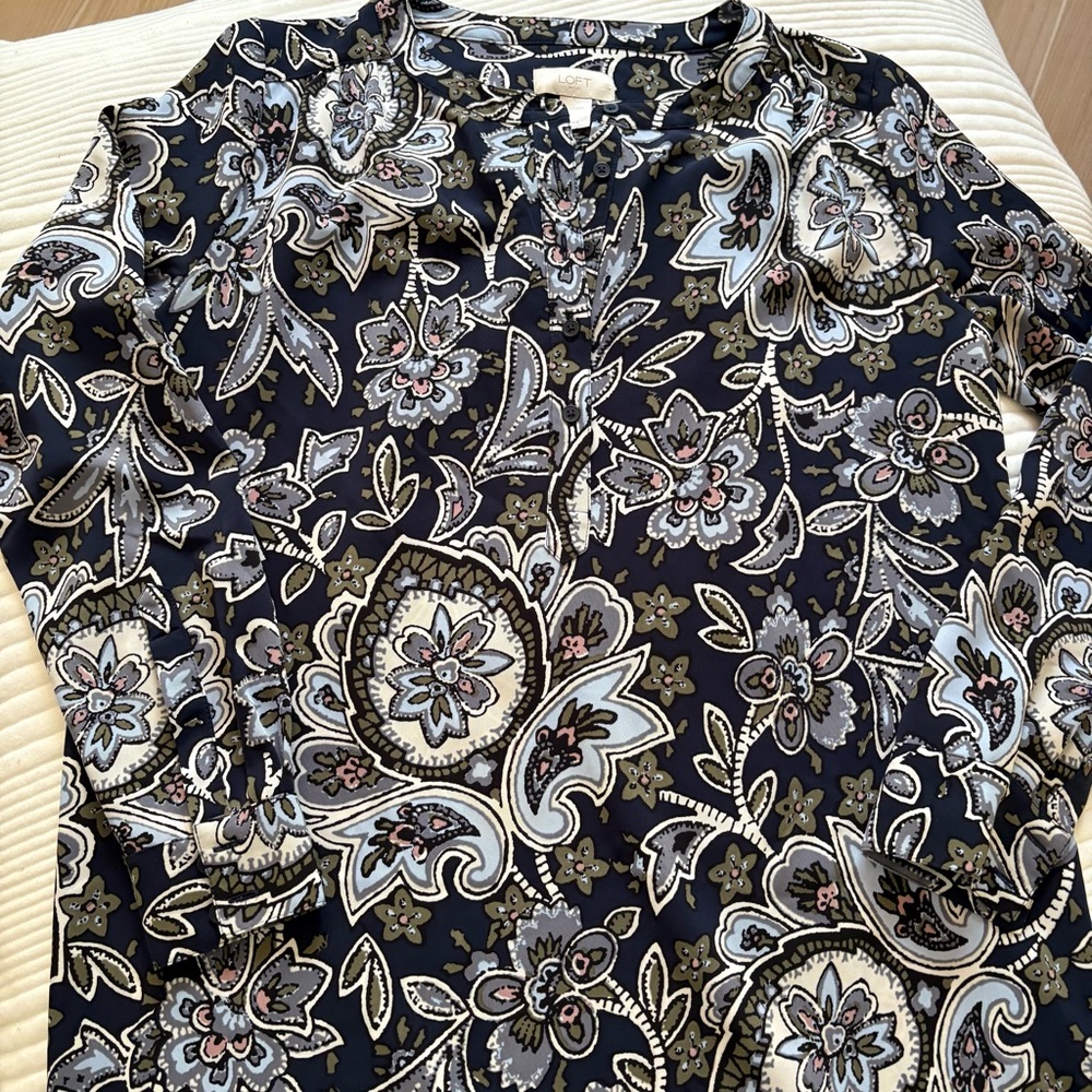 LOFT Navy Floral Button Front Floral Dress - Picture 5 of 6